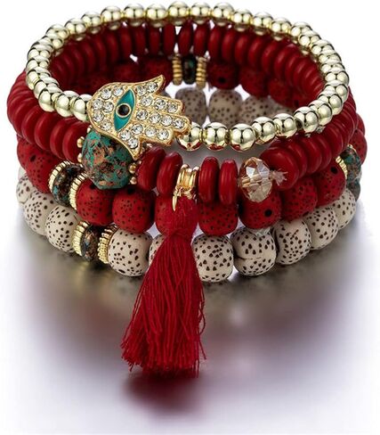 Caiyao البوهيمي عين الشر مطرز متعدد الطبقات سوار قابل للتكديس مجموعة متعددة الألوان بوهو أوجو سحر البذور همسة فاطمة اليد سحر شرابة مطرز سوار تمتد للنساء فتاة محظوظ حماية المجوهرات in Kuwait