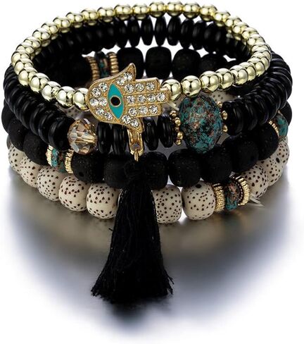 Caiyao البوهيمي عين الشر مطرز متعدد الطبقات سوار قابل للتكديس مجموعة متعددة الألوان بوهو أوجو سحر البذور همسة فاطمة اليد سحر شرابة مطرز سوار تمتد للنساء فتاة محظوظ حماية المجوهرات in Kuwait