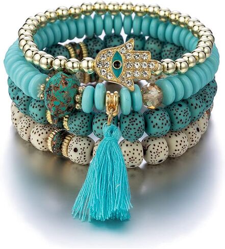 Caiyao البوهيمي عين الشر مطرز متعدد الطبقات سوار قابل للتكديس مجموعة متعددة الألوان بوهو أوجو سحر البذور همسة فاطمة اليد سحر شرابة مطرز سوار تمتد للنساء فتاة محظوظ حماية المجوهرات in Kuwait