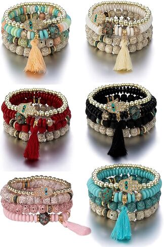 Caiyao البوهيمي عين الشر مطرز متعدد الطبقات سوار قابل للتكديس مجموعة متعددة الألوان بوهو أوجو سحر البذور همسة فاطمة اليد سحر شرابة مطرز سوار تمتد للنساء فتاة محظوظ حماية المجوهرات in Kuwait