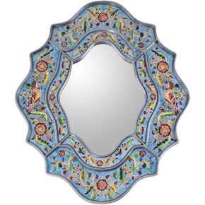 NOVICA Floral Glass and Wood Wall Mounted Mirror, Orange, Orange Cajamarca Warmth', Red