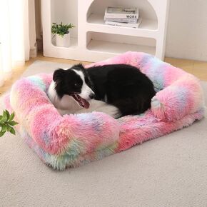 MIAO PAW Warming Fluffy Orthopedic Dog Beds for Large Dogs,Dog Bed with Plush Thick Egg Foam Support and Non-Slip Bottom,Large Waterproof and Machine Washable Pet Bed Cover (Rainbow) in Kuwait