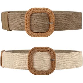 2pcs Straw Woven Elastic Stretch Belts Women，Wide Braided Rattan Waist Belts for Dresses Summer Beach Raffia Dress Belts with Wooden Buckle for Ladies Women Dresses
