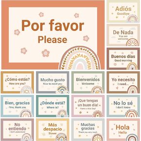 WATINC Spanish Words Phrases Poster - 16pcs Spanish Posters Set Classroom Decorations, Bilingual Study Learning Materials Teacher Supplies, Spanish Educational Language Bulletin Board for School Decor