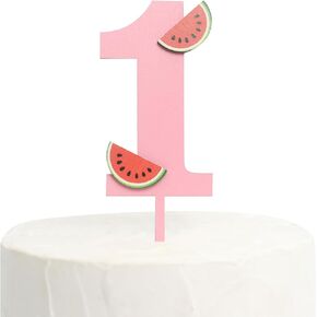 Wooden Cake Topper For First Birthday - Cake Topper With Wooden Number 1，Watermelon Theme One Cake Topper，One-Year-Old Cake Topper For Birthday Party，Pink Cake Topper For First Anniversary