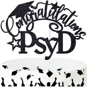 قطعة علوية للكيك من PsyD، تهانينا للخريج/دكتور في علم النفس لتزيين الكيك، فئة 2024 لوازم تزيين حفلات التخرج الجامعية، لامع أسود