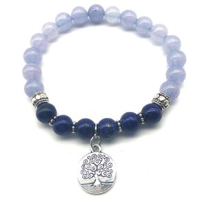 Blue Chalcedony & Lapis Lazuli Bracelet with Tree of Life Charm THROAT & THIRD EYE CHAKRAS - REAL Semi-Precious Stones Stretchy Yoga Wrist-Mala - US HANDMADE