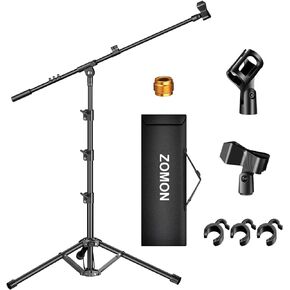 Microphone Stand, Tripod Boom Arm Floor Mic Stand Height Adjustable Heavy Duty with Carrying Bag 2 Mic Clips 3/8" to 5/8" Adapter for Singing Podcast for Blue Yeti Shure SM58 SM48 Samson Q2U