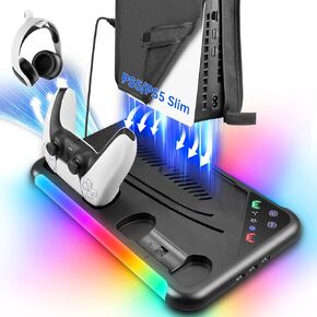 PS5 Slim Stand fCompatible with PS5/PS5 Slim Console Disc/Digital with Cooling Station and Controller Charging Station Dust Cover,Black