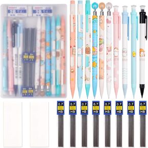 Kolewo4ever 21pcs Mechanical Pencil Set, 10 0.7mm Black Pencils with 8 Refills, 2 Erasers, 1 Clear Plastic Box