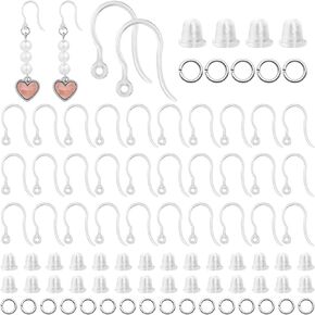 600Pcs Clear Plastic Earring Hooks Sets,200 Safety Non-Allergenic Plastic Earring Hooks Ear Wire with 200 Open Jump Rings,200 Earring Backs Earrings Fish Hooks Earring Findings for DIY Earrings Making
