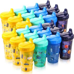 Mifoci 24 Pcs 10 oz Sippy Cups for Toddlers Reusable No Spill Cups with Lids Toddler Baby Feeding Supplies, Dishwasher, Microwave Safe (Boy Style)