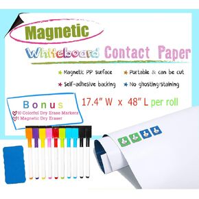 Magnetic Chalkboard Contact Paper 48x17.4 Inch Self Adhesive Magnet Wallpaper with 10 Neon Liquid Markers, Non-porous Magnetic Boards for Alphabet Learning, Toddlers Kids Writing Board, Playroom Decor