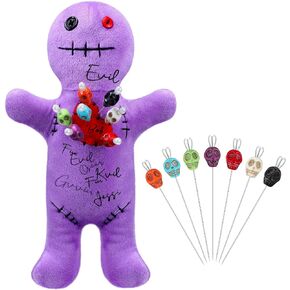 Kathfly 8 Pcs Voodoo Doll Set Include Horror Doll, 7 Pcs Skull Pins Ghost Soft Revenge Dammit Creepy Pin Holder Voodoo Resin Metal Straight Pins Stress Relieving(Flaxen)