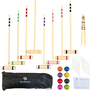 Croquet Party Set for 8 Players - Made of Long-Lasting Pine Wood, Family Fun for Backyards, Camping and More, Comes with Colorful Mallets, PE Balls, Wickets, Stakes, and Carrying Bag