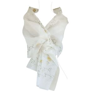 Silk Organza Shawl, 76" L x21 W, Embroidery & Beads Adorned, Ivory