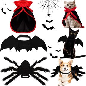 3 Piece Halloween Cat Dog Costume Set, Pet Bat Witch Vampire Cloak Giant Imitation Pet Spider Pets Costume Cosplay Accessories Halloween Pets Decoration for Dogs Puppy Cats(Red,S)