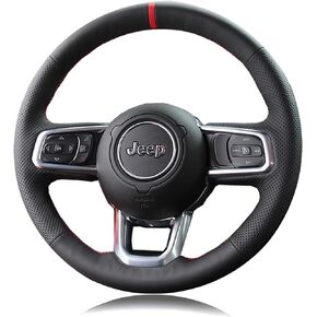 Black Side Perforated Leather Red Marker Steering Wheel Protector Cover Hand-Stitch on Wrap Fit for Jeep Wrangle 2018 2019 2020 2021 2022 Jeep Gladiator 2020-2022