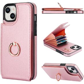 Folosu Compatible with iPhone 15 Plus Case Wallet with Card Holder, 360°Rotation Finger Ring Holder Kickstand, RFID Blocking Leather Protective Double Buttons Shockproof Cover 6.7 Inch Rose Gold