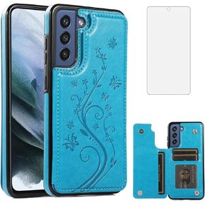 Phone Case for Samsung Galaxy S21 FE Gaxaly S 21 FE 5G with Tempered Glass Screen Protector Card Holder Wallet Cover Stand Flip Leather Cell Glaxay S21FE5G UW S21FE 21S G5 Cases Women Girl Purple