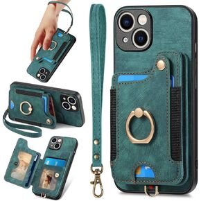 JanCalm for iPhone 15 Plus Phone Case,Card Holder Wallet,Ring Stand,RFID-Blocking,Camera Protector,Leather Magnetic Protective Strap Flip Cover Cases for iPhone 15 Plus 2023 (Blue)
