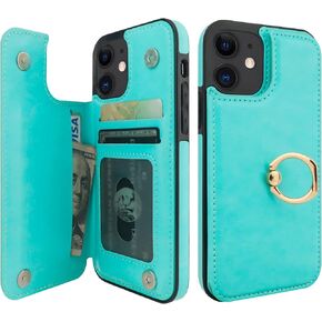 for iPhone 12/12 Pro Wallet Case with Card Holder, 360° Rotation Ring Kickstand RFID Blocking PU Leather Double Magnetic Clasp Shockproof Cover for Women and Girls 6.1 Inch (Green)