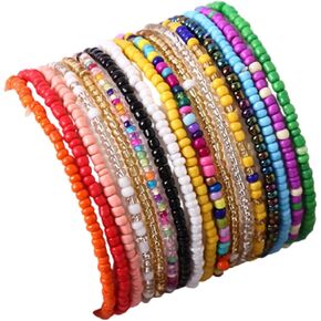 17Pcs Bohemian Stackable Beaded Bracelets Elastic Beaded Bracelets Handmade Bohemian Multilayer Stackable Seed Beaded Bracelets Jewelry for Women Girls