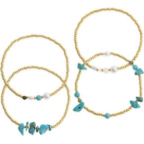 4PCS Gold Turquoise Pearl Beaded Stretch Bracelets Set for Women Girls, Boho Handmade Elastic Stackable Bead Ball Stack Bracelet Summer Fashion Jewelry Gift