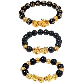 COLORFUL BLING 3 Pcs Set Feng Shui Good Luck Bracelets Obsidian Bead Dragon Lucky Charm Bracelet Pixiu Pi Yao Attract Wealth Money Feng Shui Jewelry for Men Women