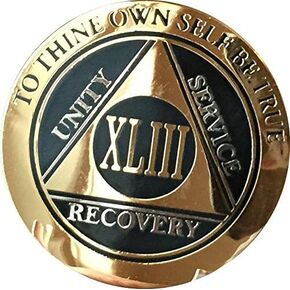 RecoveryChip 43 Year AA Medallion Elegant Black Gold Silver Bi-Plated Alcoholics Anonymous Chip