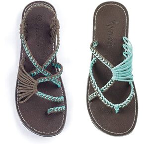 Plaka Palm Leaf & Ocean Side Bundle of Flat Summer Sandals for Women | Perfect for The Beach Walking & Dressy Occasions | Turquoise Gray | Size 9