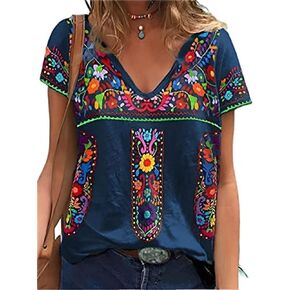 Fiesta Mexican Shirts for Women V Neck Floral Print Boho Short Sleeve Casual Embroidered Tops