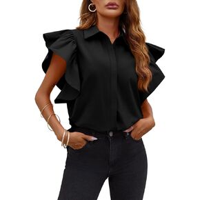 Tankaneo Womens Ruffle Button Down Shirts Cute Summer Short Sleeve Tops Blouse