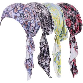 4 Pieces Womens Hijab Cancer Chemo Flower Print Turban Cap Cover Hair Loss Head Scarf Wrap Pre-Tied Headwear
