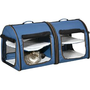 PawHut 39" Portable Soft-Sided Pet Cat Carrier with Divider, Two Compartments, Soft Cushions, & Storage Bag, Grey