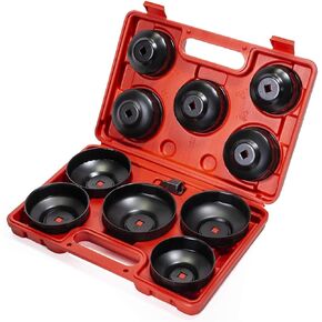 XtremepowerUS 10-Pieces Universal Oil Change Filter Cap Wrench Cup Socket 3/8" inch Square Drive Oil Canister Socket with Case, Red/Black