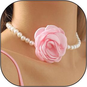 Large Rose Flower Pearl Choker Necklaces, Vintage French Camellia Charm Short Clavicle Necklaces, Fashion Statement Jewelry Gifts for Women Teen Girls in Kuwait