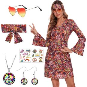 70's Women Costumes Hippie Dress, 1970s Outfits Accessories Set, 60s 70s Disco Prom Dress, Carnival Halloween Costumes