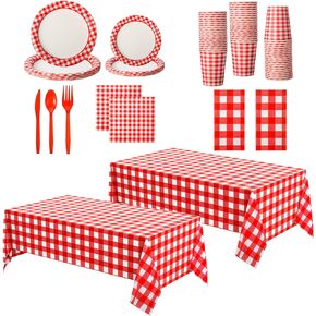162 Pcs Red and White Party Supplies for 20 Guest 2 Red Checkered Plaid Tablecloth with Tableware Red Gingham Party Supplies Red and White Plaid Plate Cup Napkin Knives Forks Spoon (Red and White)