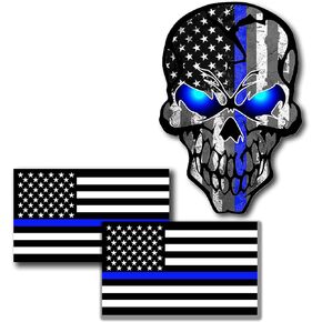 3 Pack Car Decals Stickers Reflective US Flag with Thin Blue Line and Skull, Honoring Police Law Enforcement Vinyl Stickers Van Trucks Women Men Motorcycle Laptop Decals Skateboard Bike Bumper Window
