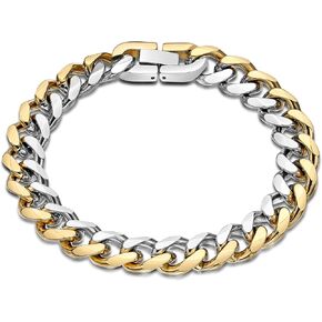 Metro Jewelry Stainless Steel Curb Chain Bracelet for Men with Yellow Gold Ion Plating - 9 Inches Long 11 mm Wide with Fold Over Clasp