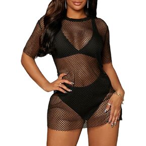 SOLY HUX Women's Hollow Out Swimsuits Cover Ups Mesh Sheer Short Sleeve Beach Bikini Swimwear Cover Up Dress
