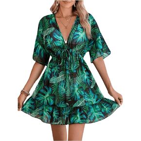Verdusa Women's Tropical Print Ruffle Trim Drawstring Bikini Swimsuit Cover Up Dress