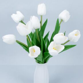 10 White Tulips Artificial Flowers - Fake White Tulips Real Touch Flowers Artificial Tulips That Look Real Realistic Faux Plastic Flowers Bouquet Arrangements for Home Dining Table Decoration