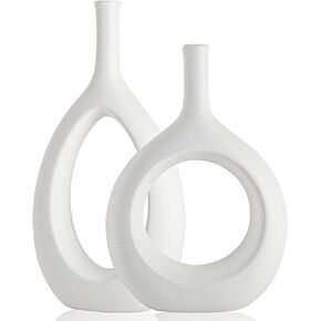 Yellow Ceramic Hollow Elliptical Vase Set of 2 - Boho Circle Vase with Hole, for Modern Yellow Table Decor, Living Room Decor Shelf mid Century Modern Home Entrance Decorative vase