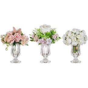 Glasseam Pedestal Glass Vase for Flowers, 7.5in Tall Compote Vase Set of 3, Crystal Clear Vases for Centerpieces, Ribbed Decorative Vases for Home Decor, Cute Footed Urn for Living Room Decorations