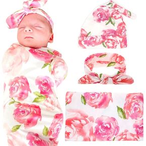 مجموعة بطانية قماط للأطفال حديثي الولادة وقبعة وعصابة رأس للمستشفى، بطانيات استقبال، زهرة وردية in Kuwait