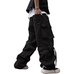 OYOANGLE Men's Casual Drawstring Waist Flap Pocket Cargo Pants Wide Leg Loose Fit Parachute Pants Joggers