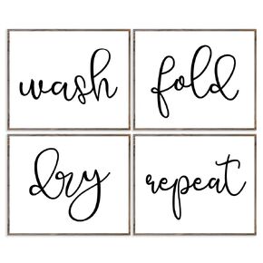Farmhouse Decor Laundry Room Signs Shelf Decor Wash Dry Fold Repeat Boho Farmhouse Signs Wall Decor, Set of 4, Without Frame- 8x10"