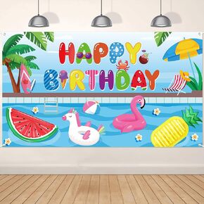 ANGOLIO Summer Pool Happy Birthday Background Summer Beach Decorations Tropical Watermelon Flamingo Baby Shower Birthday Photography Background Backyard Banner Decoration Photo Booth Props